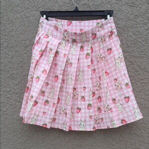 ROMWE Pink Gingham Bunny & Strawberry Pleated Mini Skirt